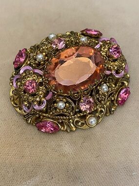 Vintage West Germany Pink Glass Rhinestone Filagree Brooch
